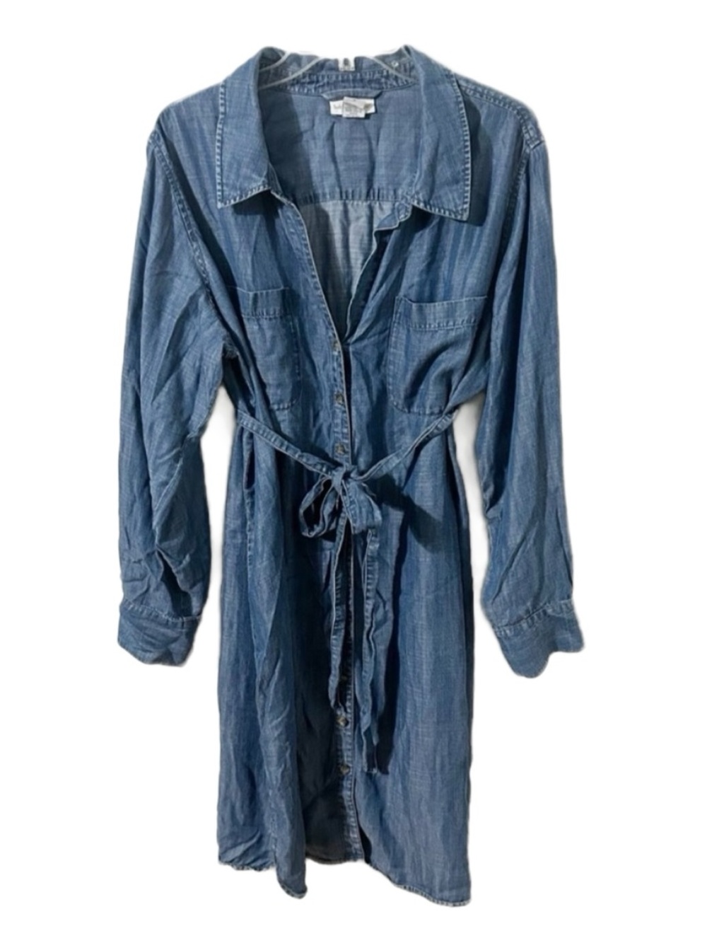 Soft Surroundings Blue Tencel Long Sleeve Dress Button Front Self-Tie Waist Midi